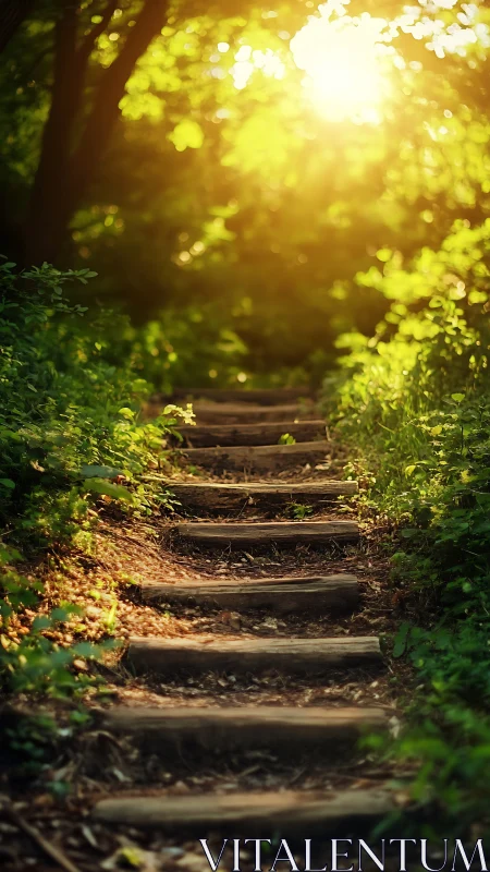 Forest Stairway: Golden Sunlight Through Ancient Woods