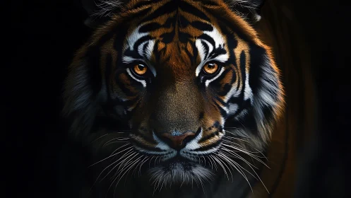 Tiger’s burning gaze emerges from deep shadowed darkness