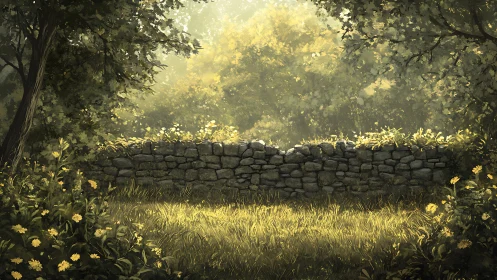 Sunlit forest clearing framed by stone wall under foliage