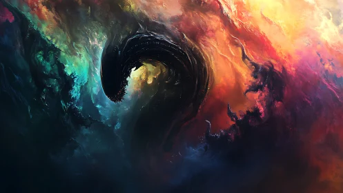 Cosmic serpent silhouette emerging through prismatic nebula.