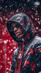 Hooded streetwear portrait in falling winter snowstorm.
