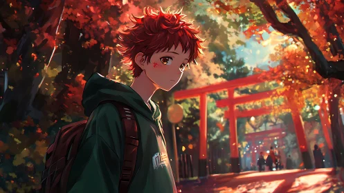 Red-haired teen walks through autumn shrine torii path.