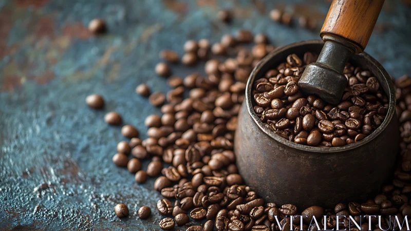Roasted coffee beans in rustic metal mortar on textured surface
