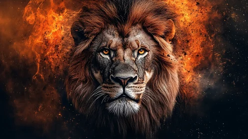 Lion head burns against dark void in fiery digital portrait