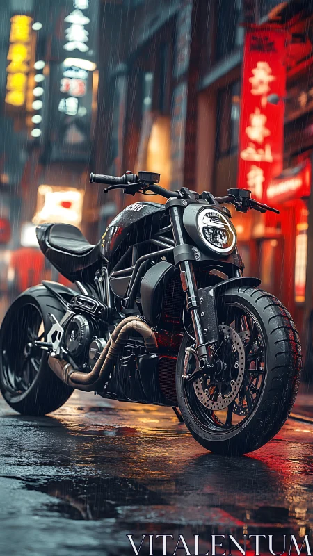 Neo-noir street cruiser under rainfall with urban neon glow.