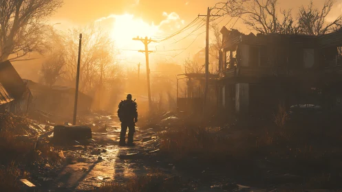 Lone armored figure walks through ruined street at sunset