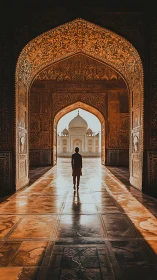 Silhouetted figure framed by ornate Mughal archway symmetry