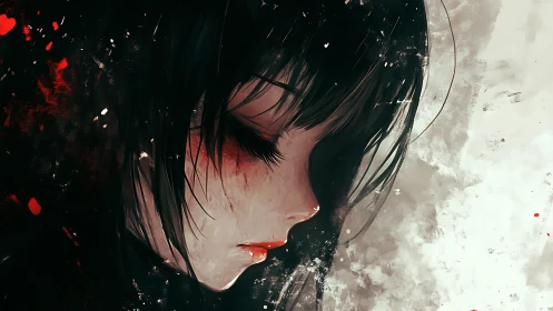 Side profile portrait of dark haired girl in red tones.