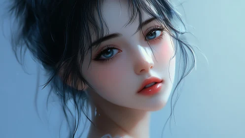 Soft blue gaze in a dreamlike digital portrait glow.