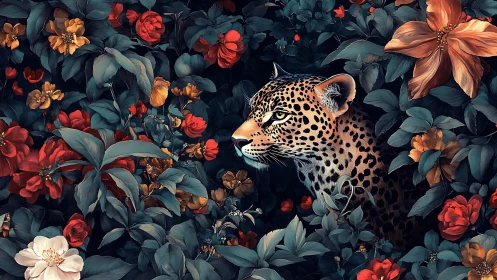 Leopard hidden in lush florals, vivid digital jungle tableau.