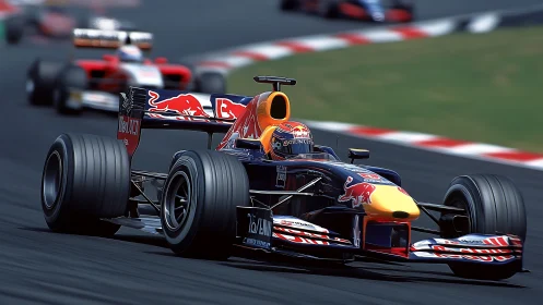 Formula racing car leads pack on high speed circuit