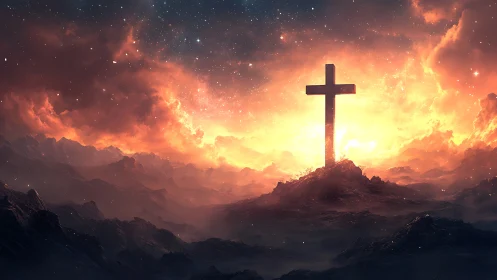 Lone cross on rocky hill against glowing sky at dusk.