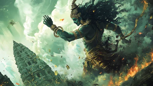 Mythic skyward deity in storm-laden temple battleground composition.