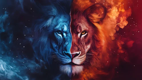 Twinfire lion spirits divide ice and flame in cosmic hush.