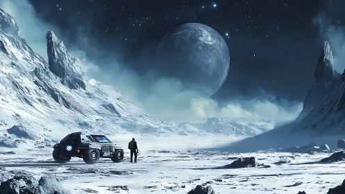 Lone astronaut beside rover on frozen alien moonscape.