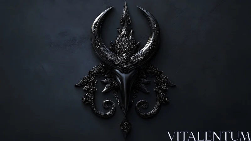 Ornate black horned emblem sits centered on dark surface