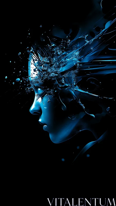Shattered blue digital portrait with explosive liquid fragments.