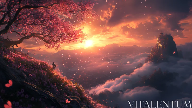 Solitary wanderer observes radiant sunset above cloud sea