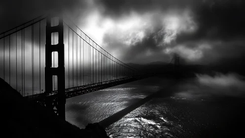 Storm-brooding suspension bridge slicing silver-tinted fog banks.