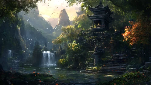 Digital painting of misty temple garden with cascading waterfalls.