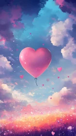 Floating Heart Balloon Drifts Through Cotton Candy Skies.