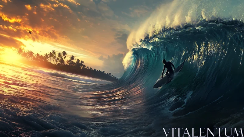 Sunset surfer riding a glowing tropical emerald wave.