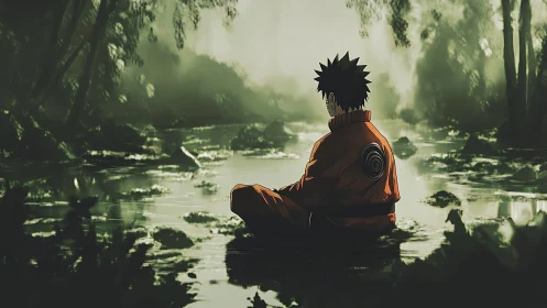 Solitary orange-clad figure seated in shallow forest water.
