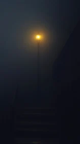 Lone fog-drenched lamppost guarding a midnight stairway.