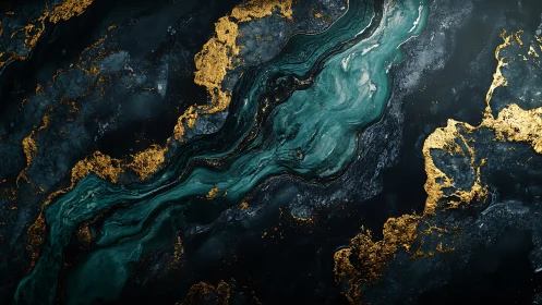 Abstract Marble Texture with Emerald and Gold Accents in Modern Style.