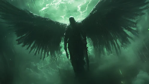 Stormforged fallen angel emerging from toxic emerald dusk.