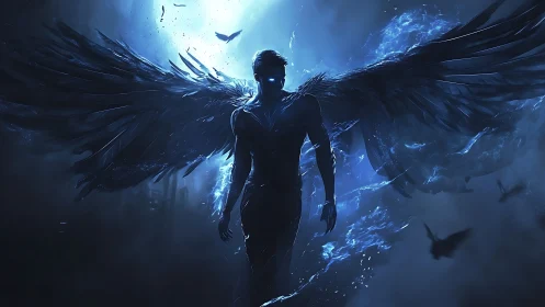 Dark winged figure in blue light with glowing energy aura.