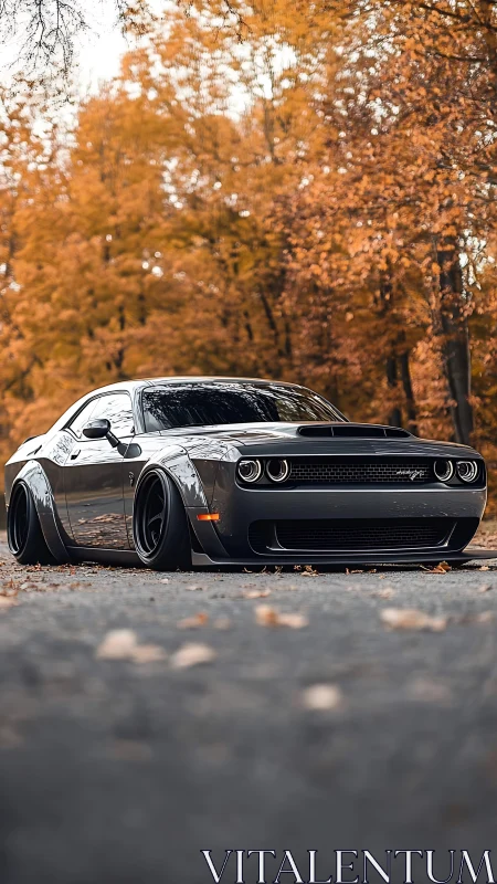 Lowered muscle car dominates an autumn forest road scene.