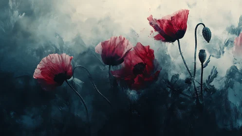 Red poppies in blue atmospheric landscape.