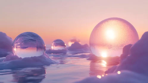 Translucent spheres rest on reflective liquid under soft sunset