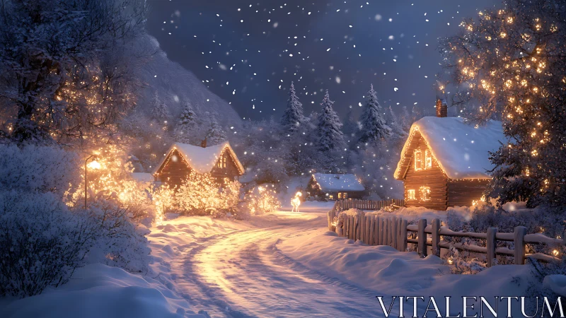 Snowy village lane glows with warm festive cottage lights.