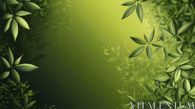 Digital botanical border with layered leaves on gradient field.