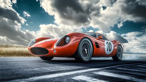 Red vintage race car accelerates on open track under clouds