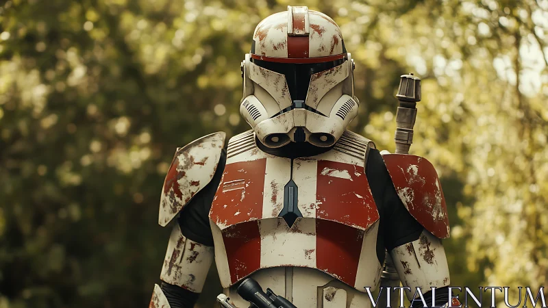 Battle-worn sci-fi trooper in red-white armor outdoors.