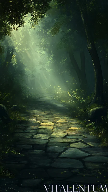 Stone path through dense forest with luminous atmospheric light