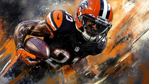 Blazing gridiron comet surges through orange stormlight field.