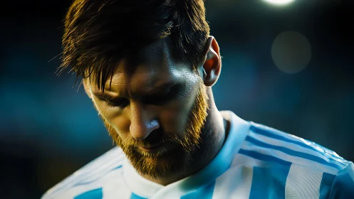 Stadium close-up of contemplative footballer under spotlights.