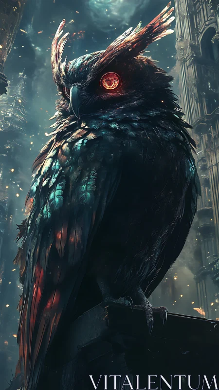 Infernal cybernetic owl dominates ruined gothic skyline