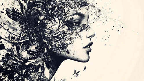 Digital painting portrait with abstract floral dispersion profile.