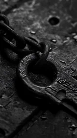 Close-up of dark metal chain on worn industrial surface.