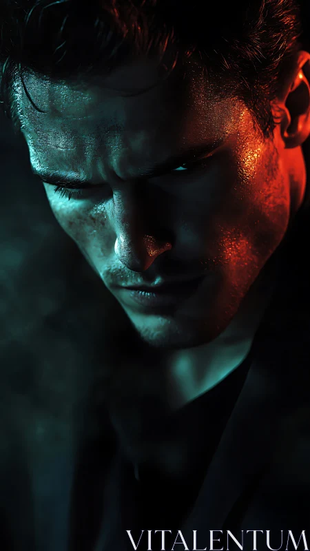 Moody close-up portrait in dramatic teal and orange light.