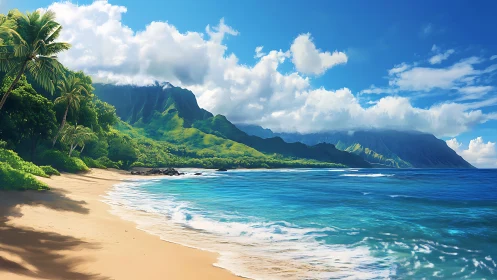 Kauai's Na Pali Coast Beach with Volcanic Cliffs and Palm Trees.