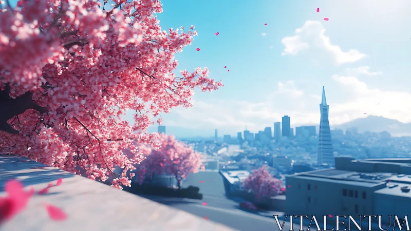 Cherry blossoms above distant modern city skyline.