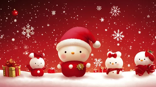Cute snowman characters in red Christmas holiday scene.