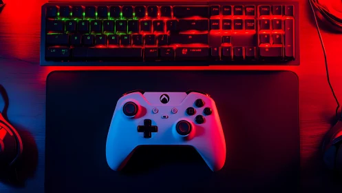 Nighttime gaming setup glows with colorful console energy
