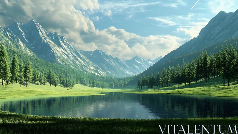 Glacial valley lake with conifer lattice and atmospheric depth mapping.